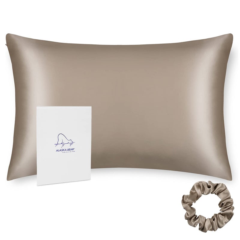 ALASKA BEAR Natural Silk Pillowcase, Hypoallergenic, 19 Momme, 600 Thread Count 100 Percent Mulberry Silk, Standard (1pc, Taupe Tan) - Image 1